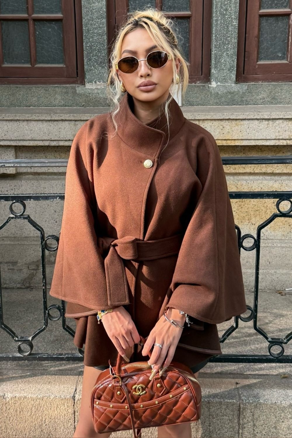 OUTTA BOX OUTTA BOX Women's Belted Sleeveless Wool Cape Coat in Chocolate - 3