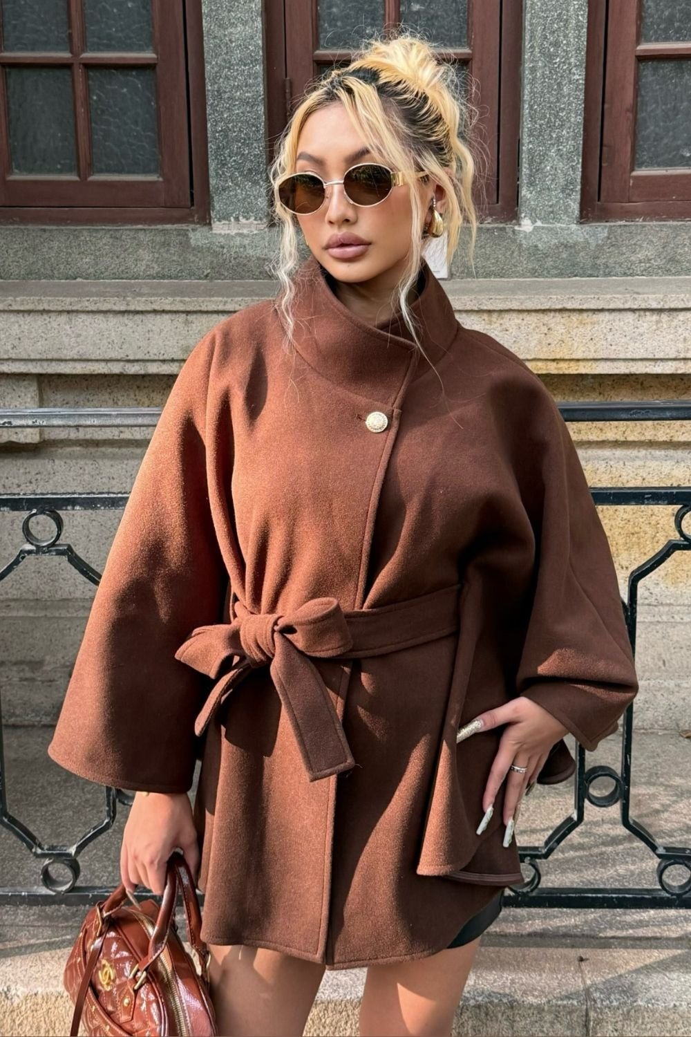 OUTTA BOX OUTTA BOX Women's Belted Sleeveless Wool Cape Coat in Chocolate - 4