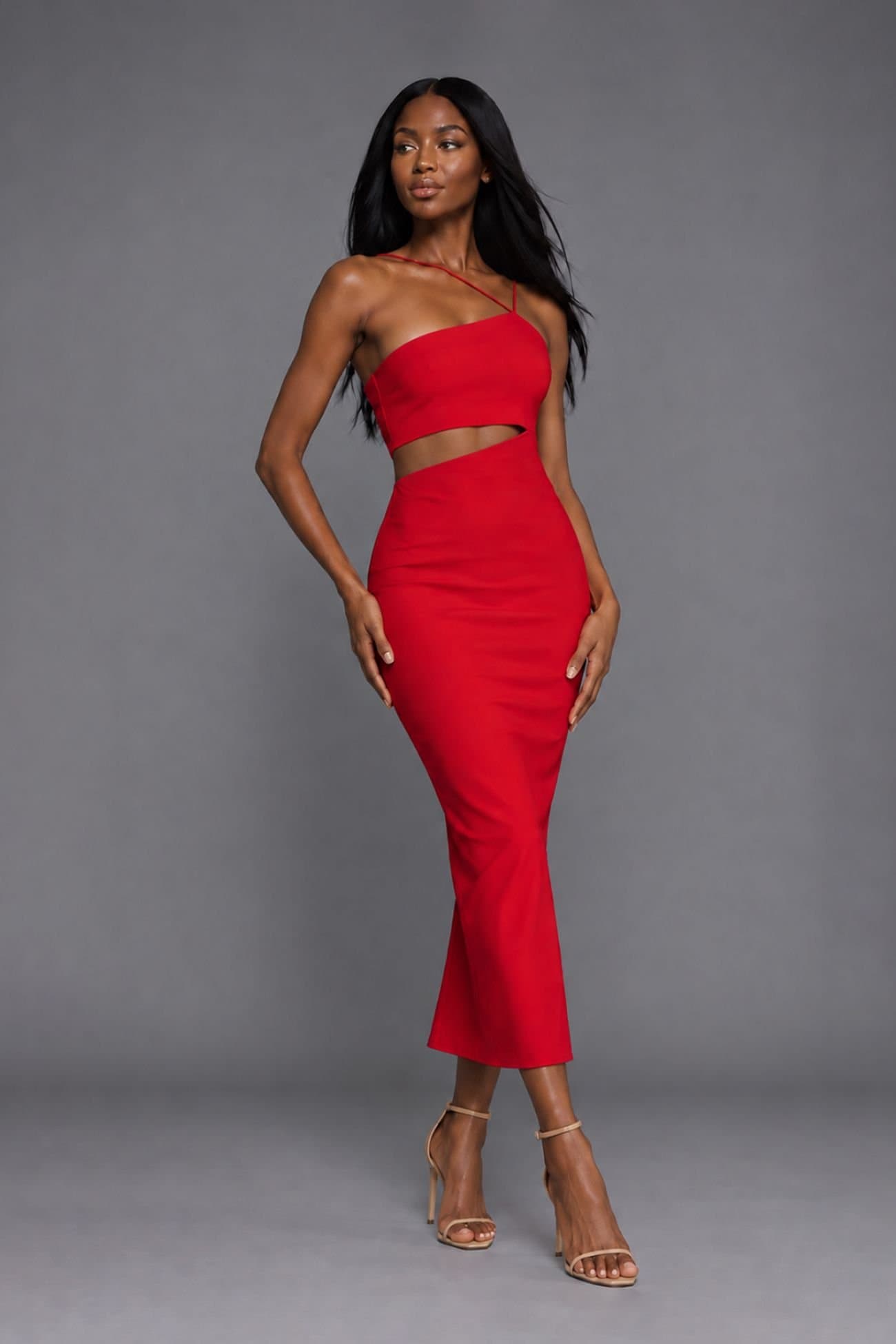 Vesper Vesper Women's Strappy One Shoulder Cut Out Midaxi Dress in Red