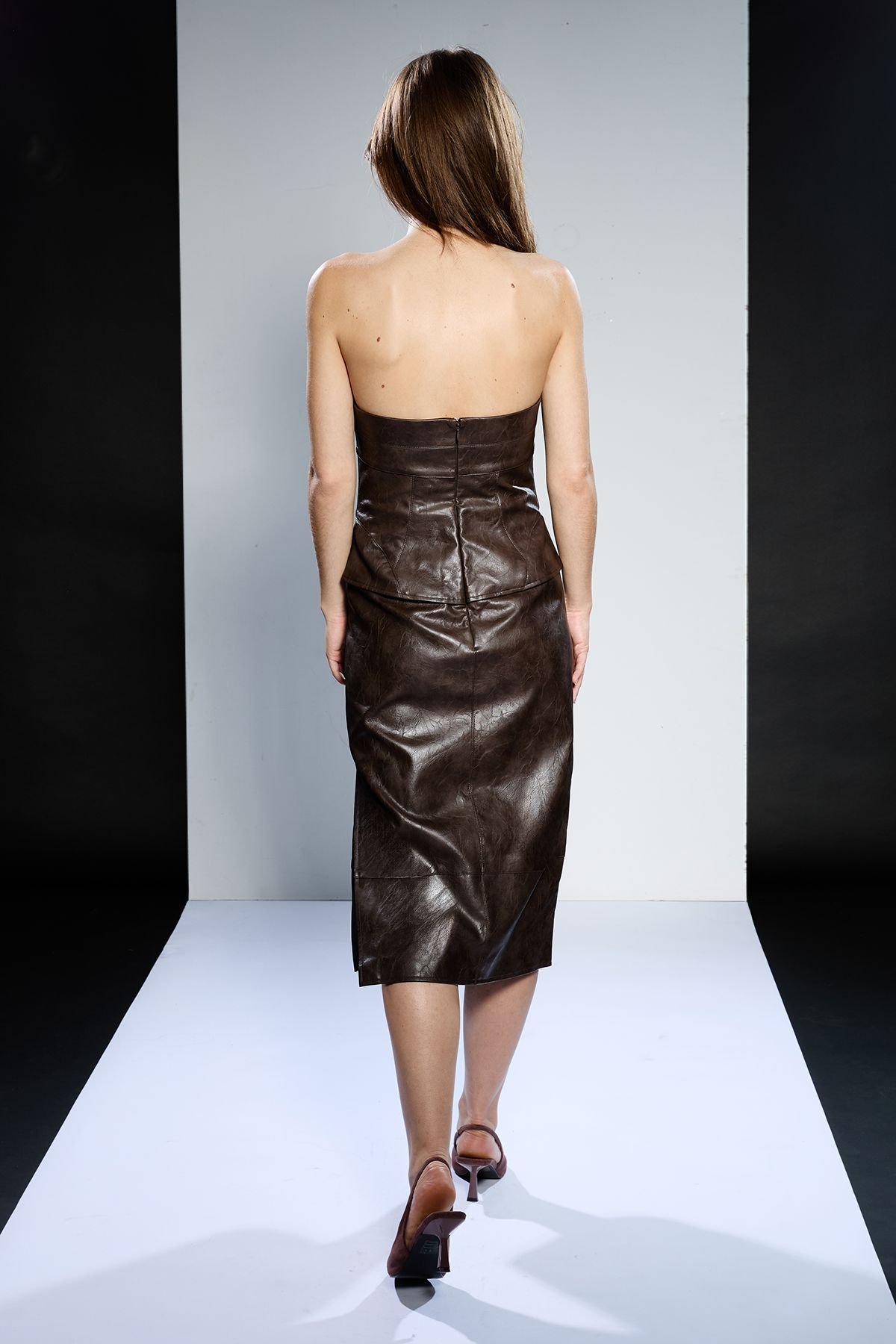 RUNWAY 1.8.1.8 RUNWAY 1.8.1.8 Women's Leather Look Corset Detail Dress in Chocolate - 3