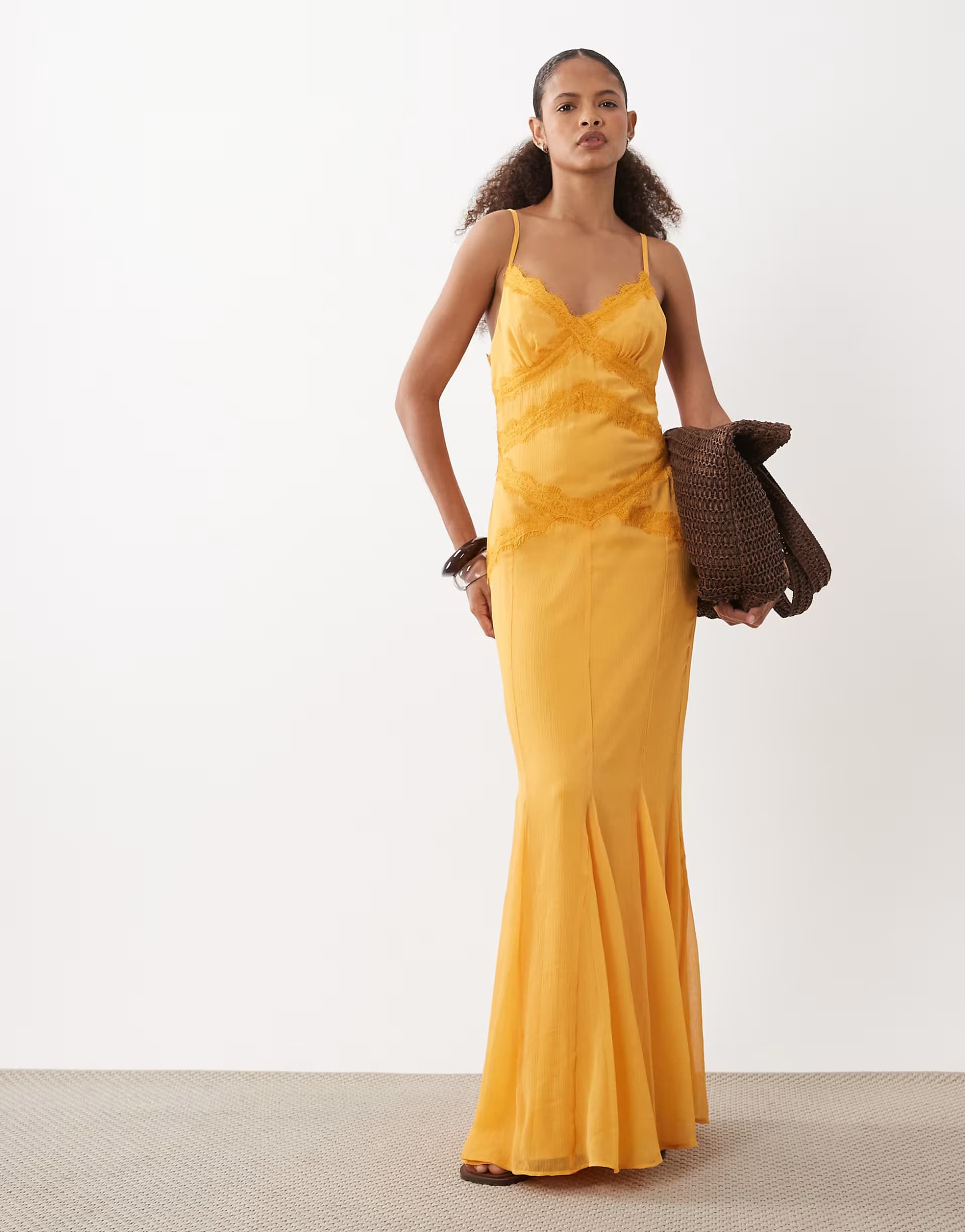 ASOS ASOS DESIGN slip shift lace trim midi dress with godets in soft orange