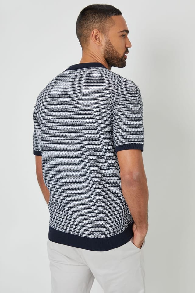 Threadbare threadbare Men's Textured Stripe Trophy Neck Knitted Polo Shirt in Navy - 2