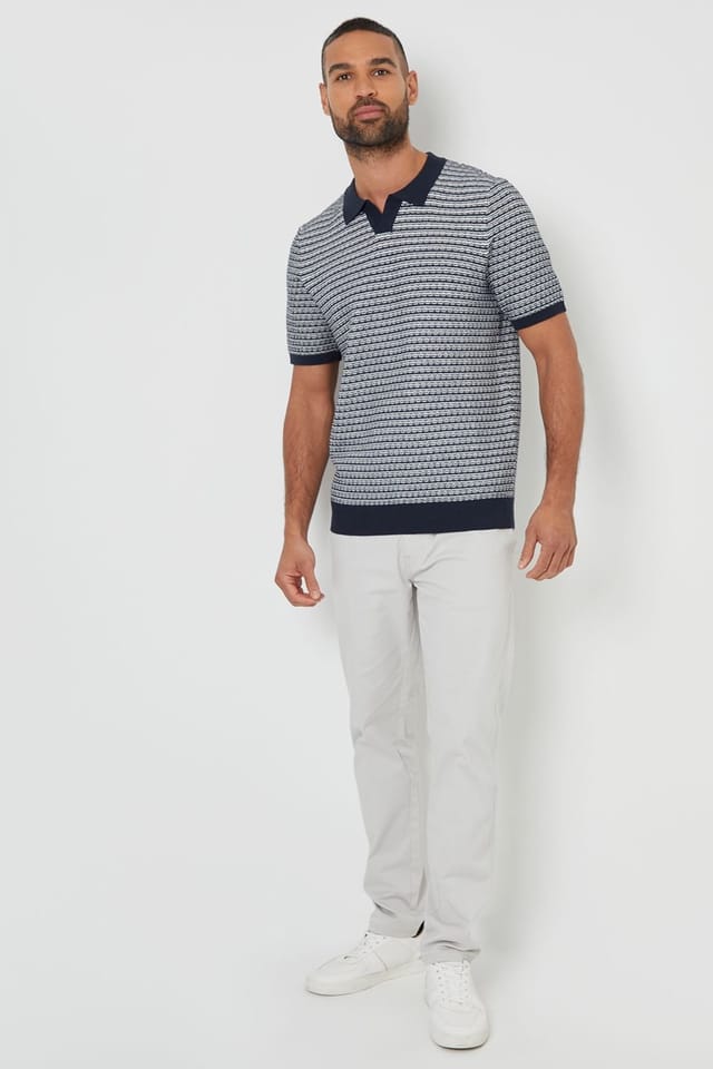 Threadbare threadbare Men's Textured Stripe Trophy Neck Knitted Polo Shirt in Navy - 3
