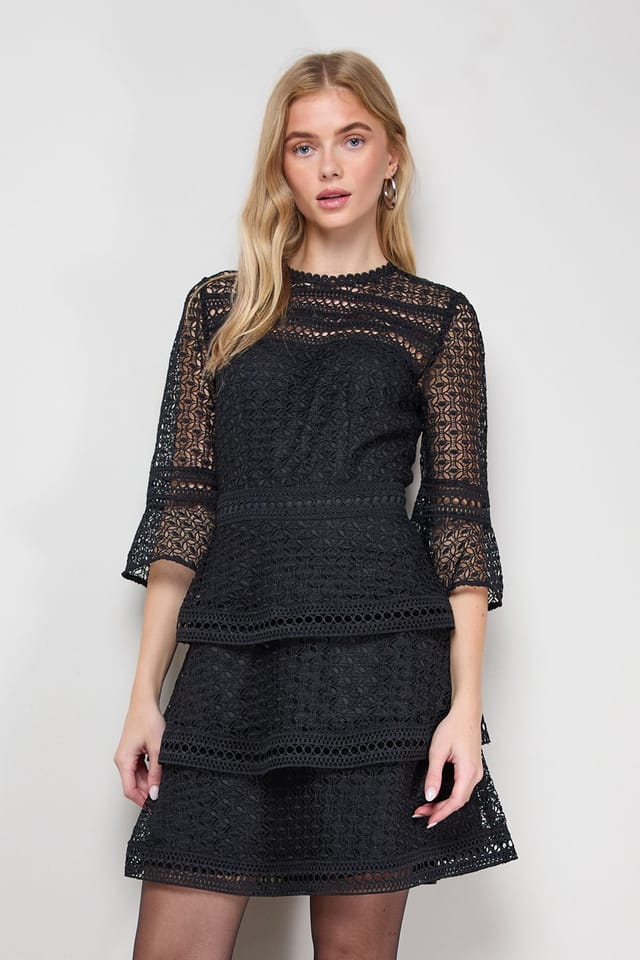 Oasis Oasis Women's Lace Trim Detail Puff Sleeve Ruffle Mini Dress in Black - 2