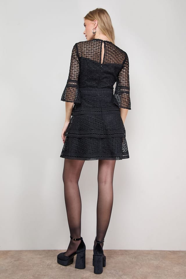 Oasis Oasis Women's Lace Trim Detail Puff Sleeve Ruffle Mini Dress in Black - 3