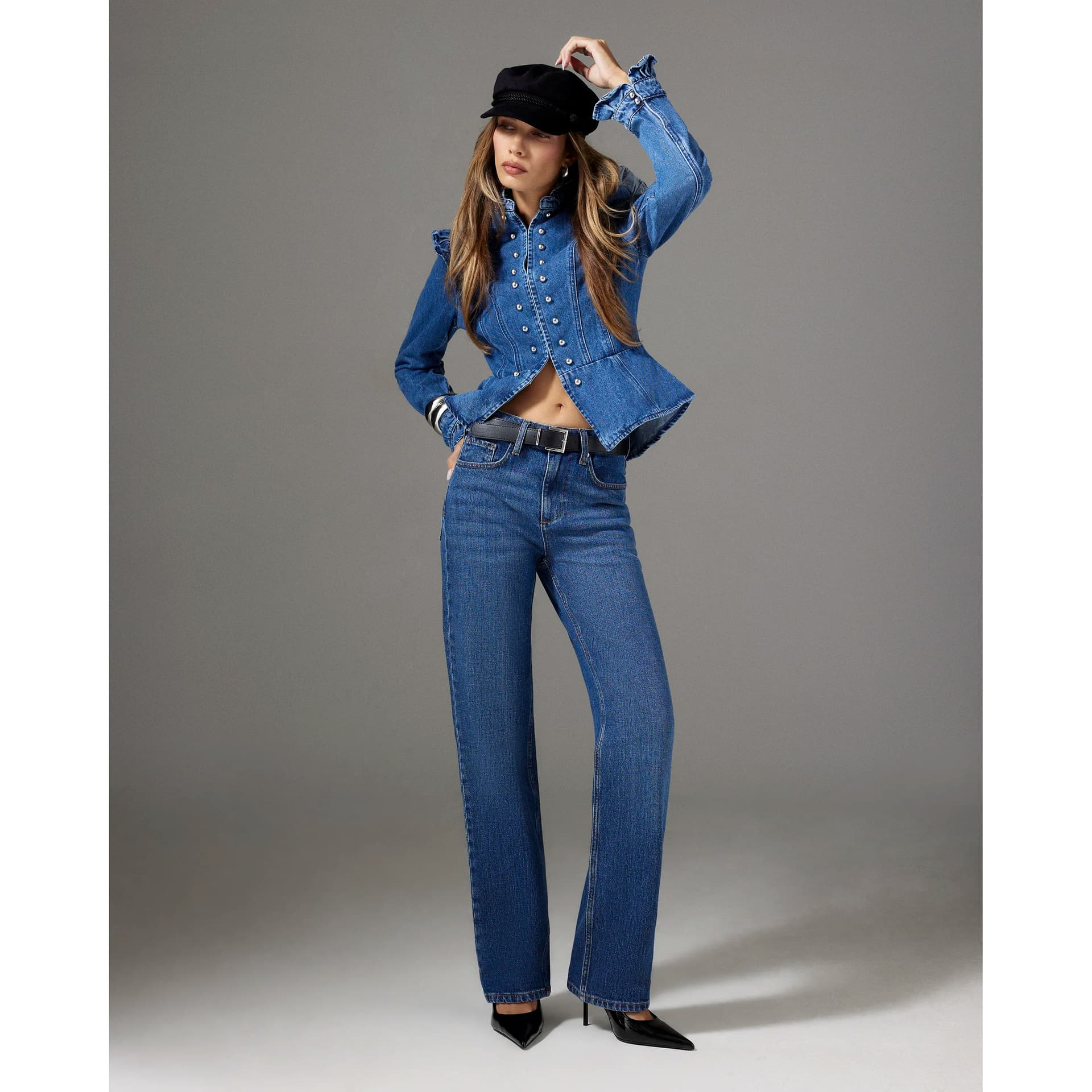 River Island River Island Womens Blue Belted High Waisted Straight Leg Jeans