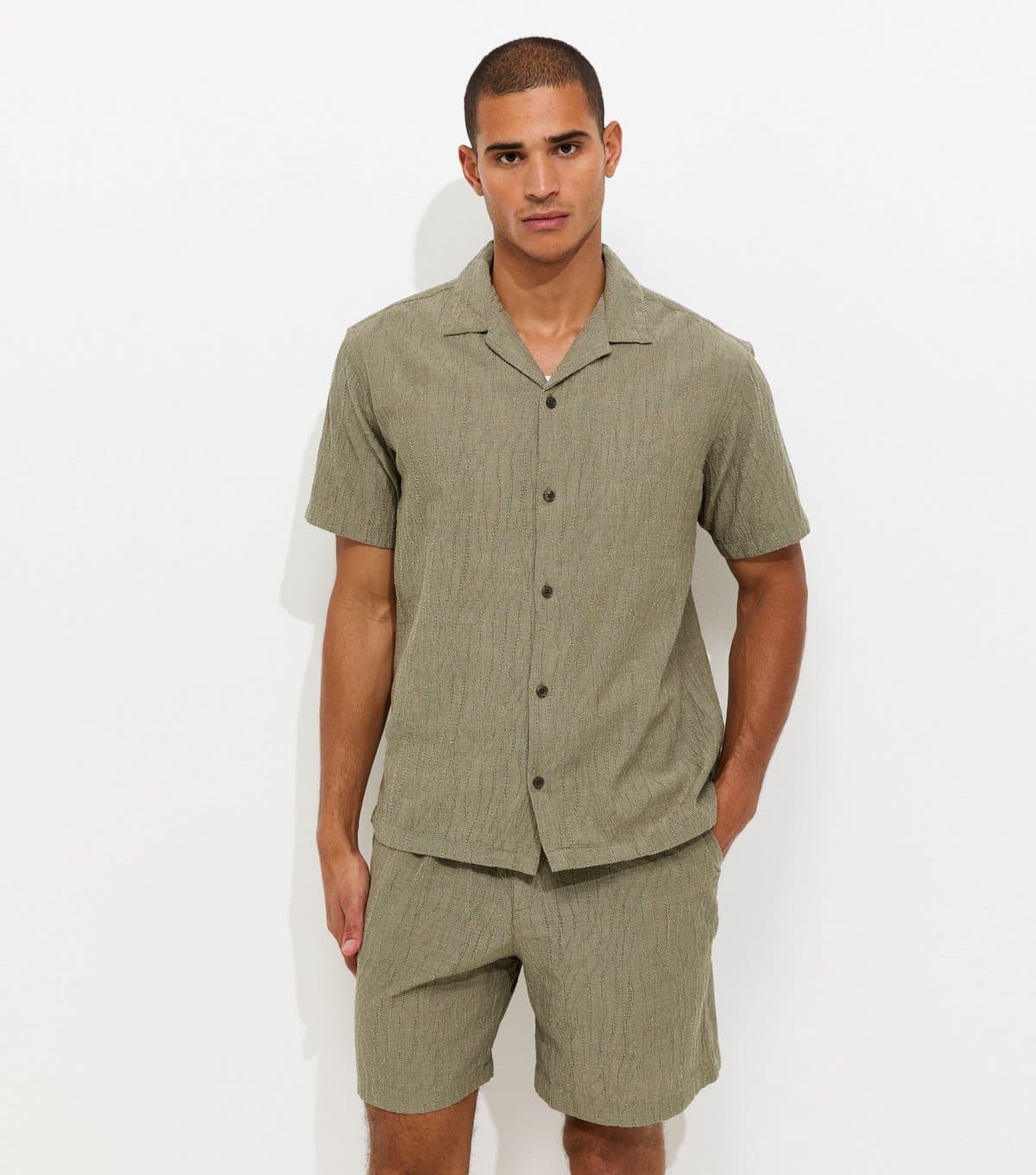 jack & jones Men's Light Khaki Cotton Rich Jacquard Short Sleeve Shirt Jack & Jones New Look