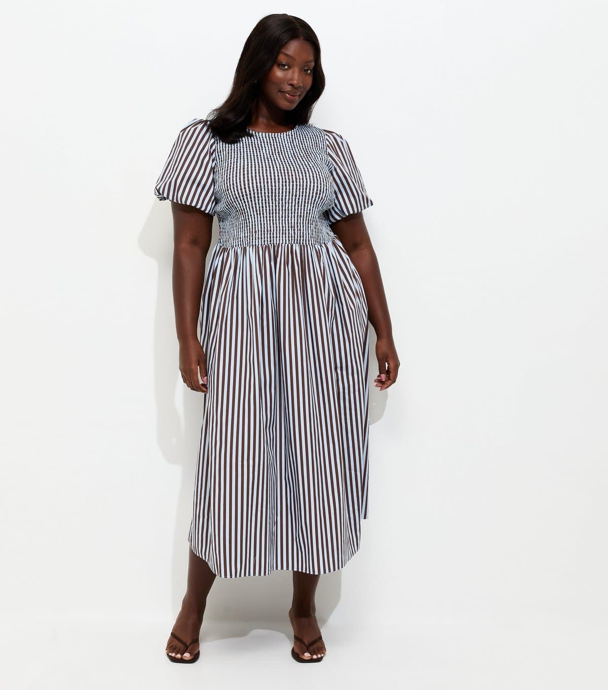 New Look Women's Plus Size Brown and Blue Stripe Shirred Midi Dress Curves New Look