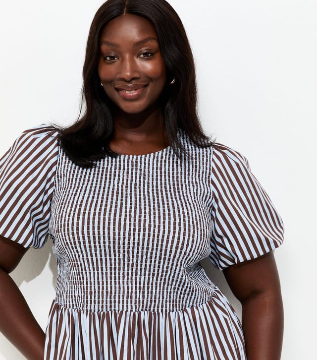 New Look Women's Plus Size Brown and Blue Stripe Shirred Midi Dress Curves New Look - 2