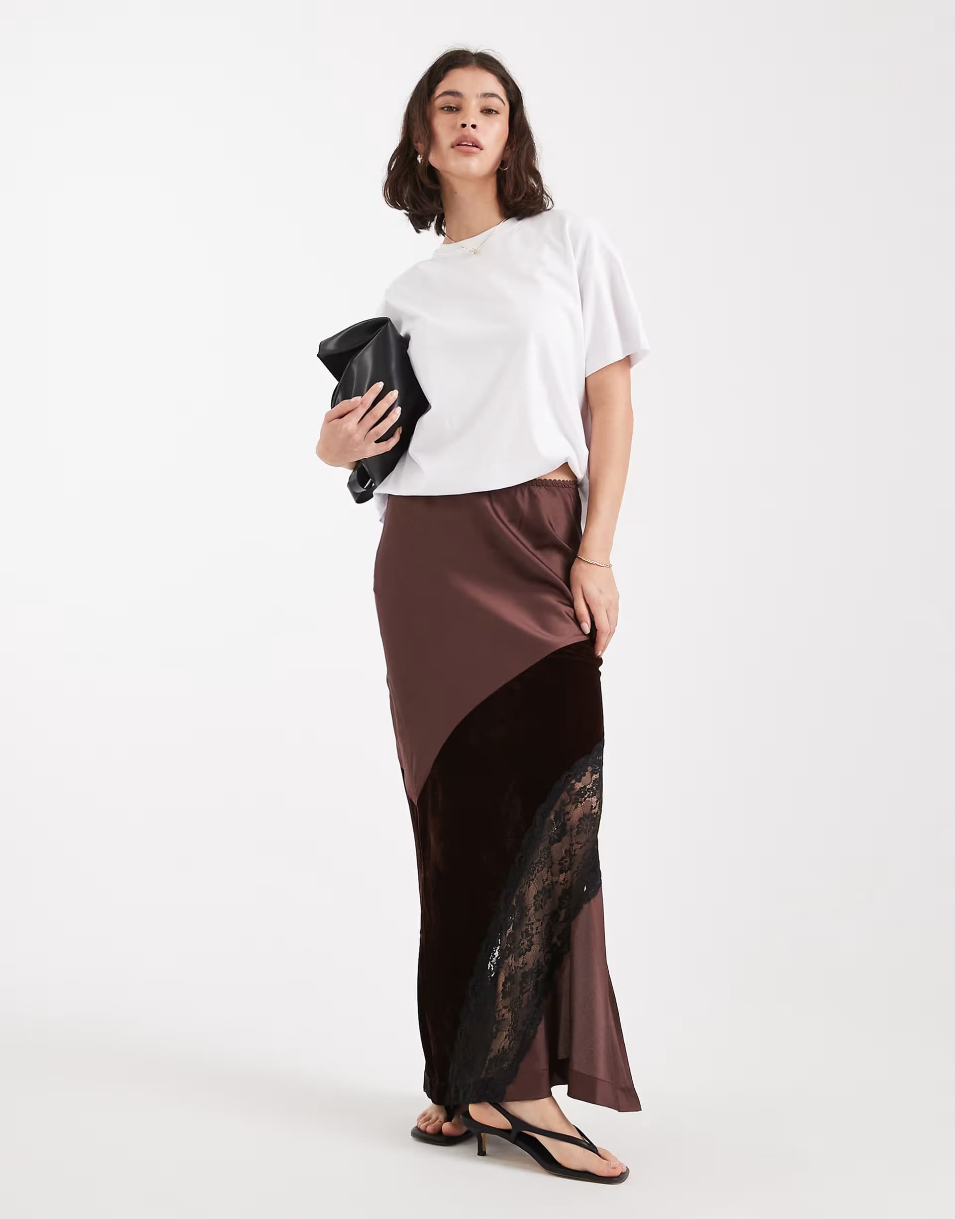ASOS ASOS DESIGN velvet and lace mix satin maxi skirt in chocolate