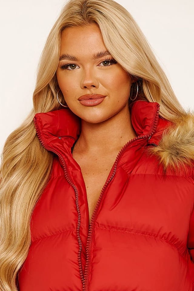 STYLEWISE STYLEWISE Women's Faux Fur Trim Hood - Padded - Puffer Jacket in Red - 2