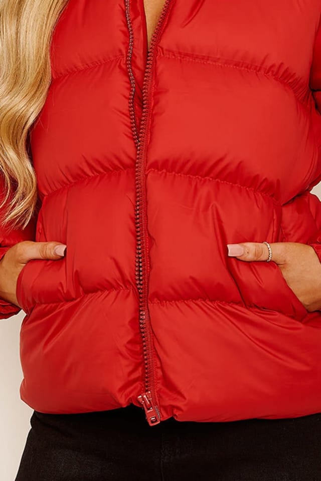 STYLEWISE STYLEWISE Women's Faux Fur Trim Hood - Padded - Puffer Jacket in Red - 3