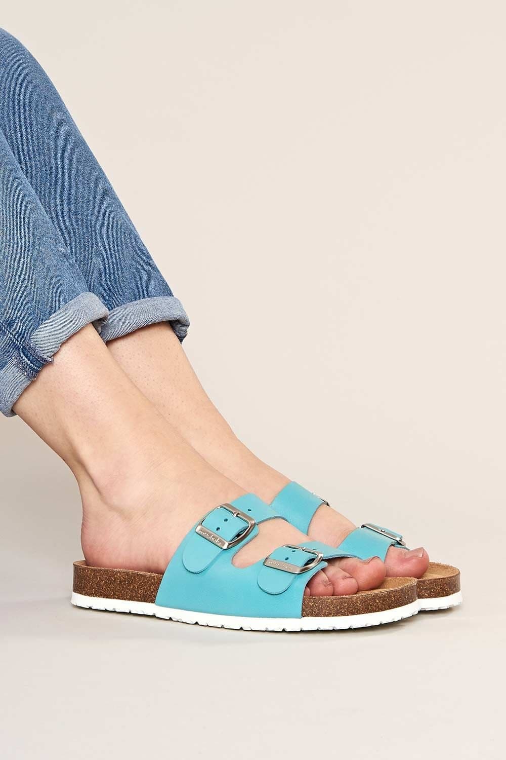 Moshulu Moshulu Bright Blue Leather Cork Footbed Mule Sandals