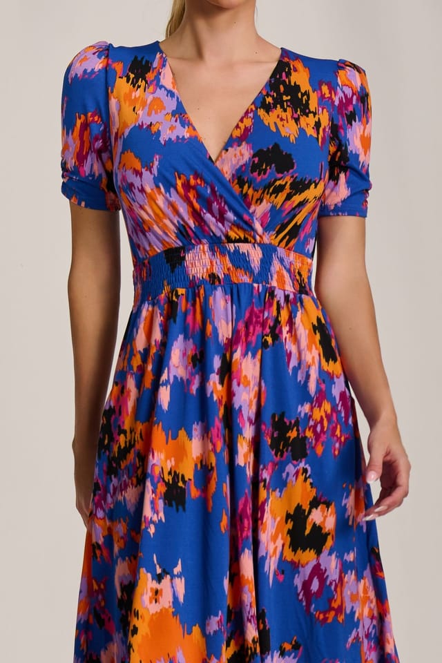 Jolie Moi Jolie Moi Women's Short Sleeve Printed Jersey Midi Dress in Blue - 3