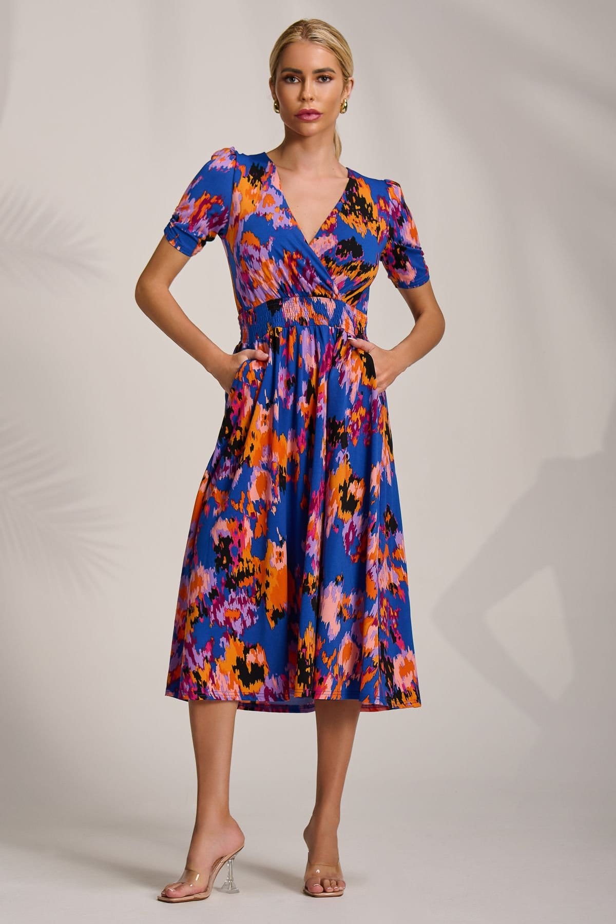 Jolie Moi Jolie Moi Women's Short Sleeve Printed Jersey Midi Dress in Blue - 4