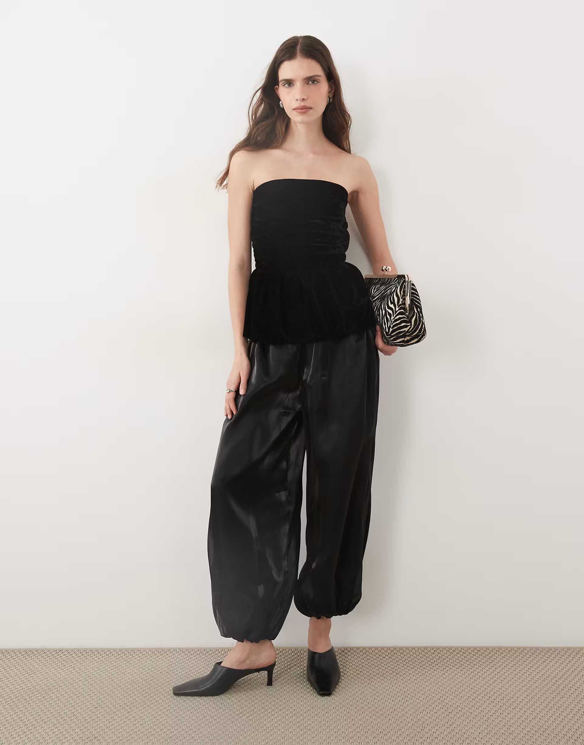 ASOS ASOS DESIGN velvet bandeau jumpsuit with chiffon balloon trousers in black