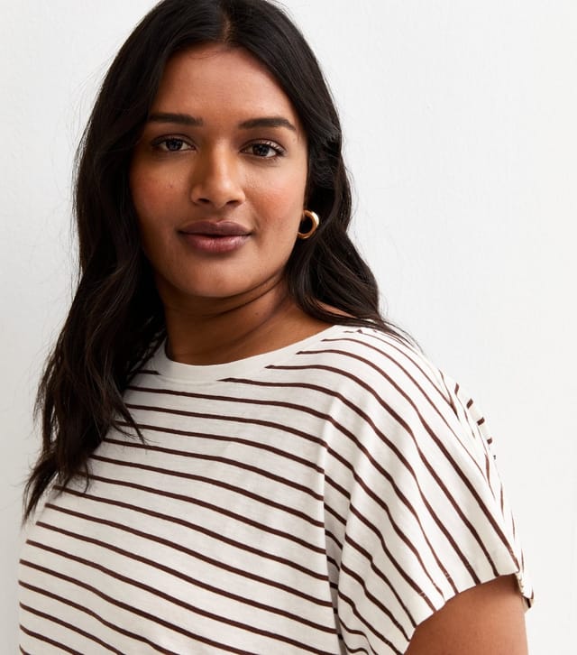 New Look Women's Plus Size Cream and Brown Stripe Grown On Sleeves  T-Shirt Curves New Look - 2