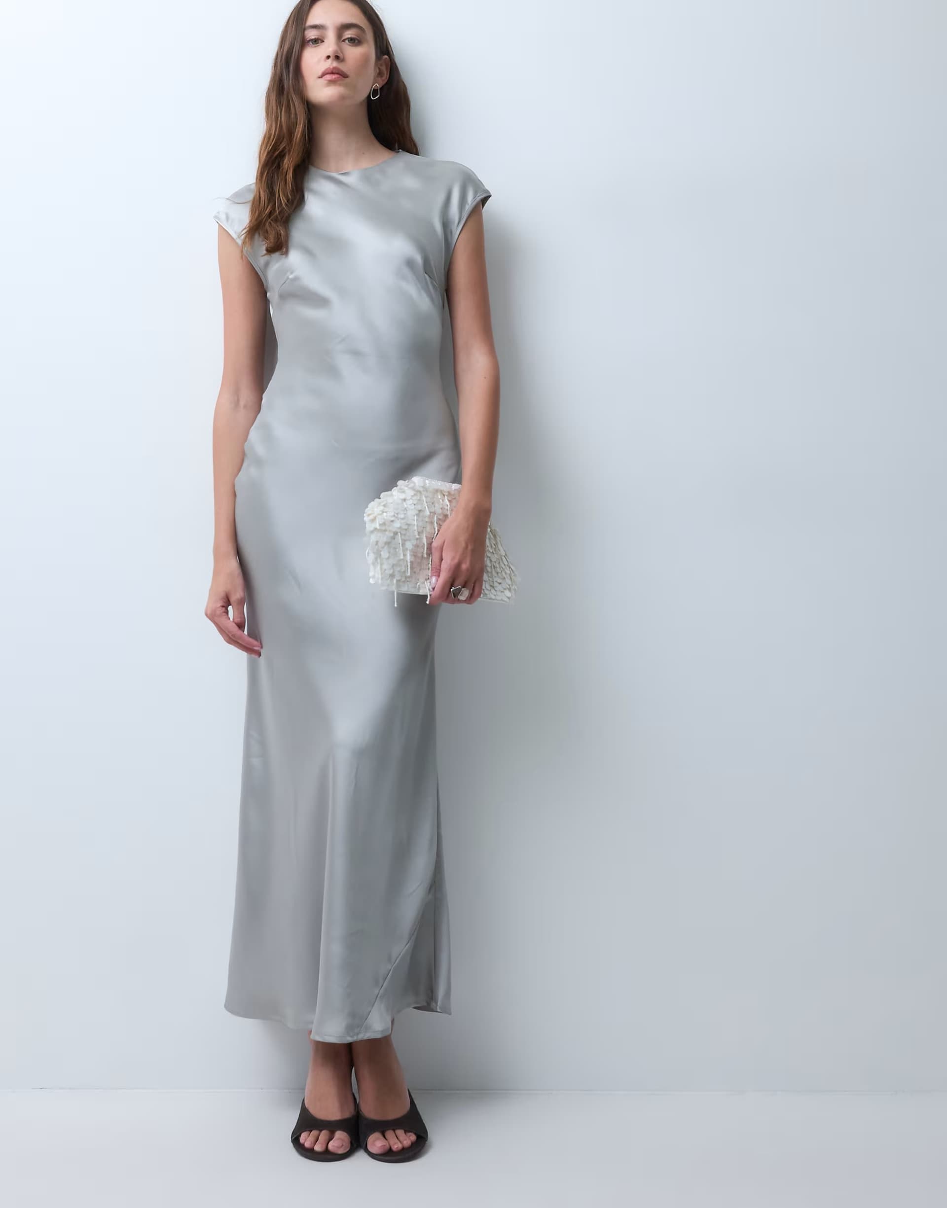 ASOS ASOS DESIGN satin slip column maxi dress with cap sleeves in silver