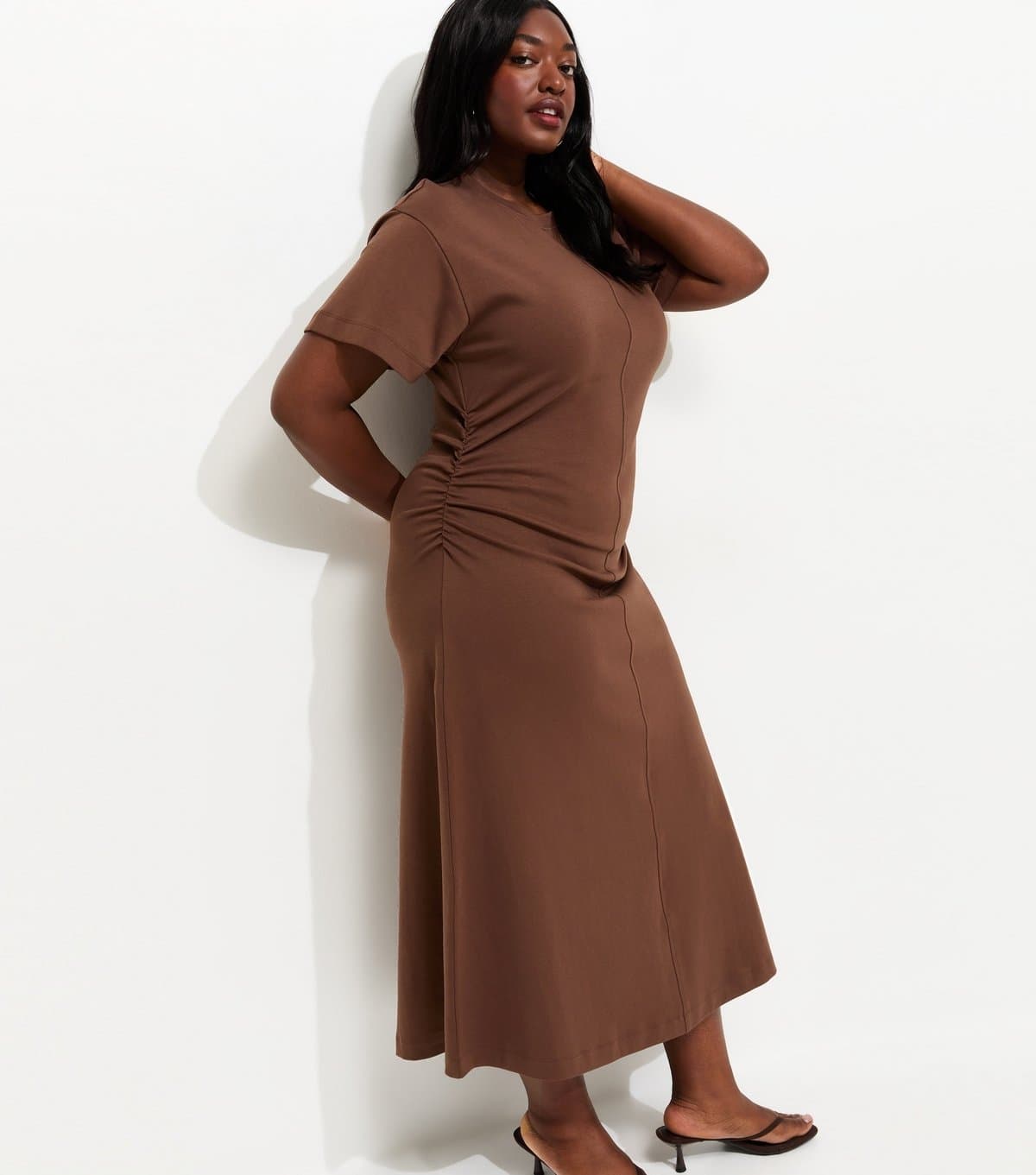 New Look Women's Plus Size Dark Brown Shirred Side Jersey Midi Dress Curves New Look
