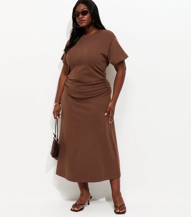 New Look Women's Plus Size Dark Brown Shirred Side Jersey Midi Dress Curves New Look - 3