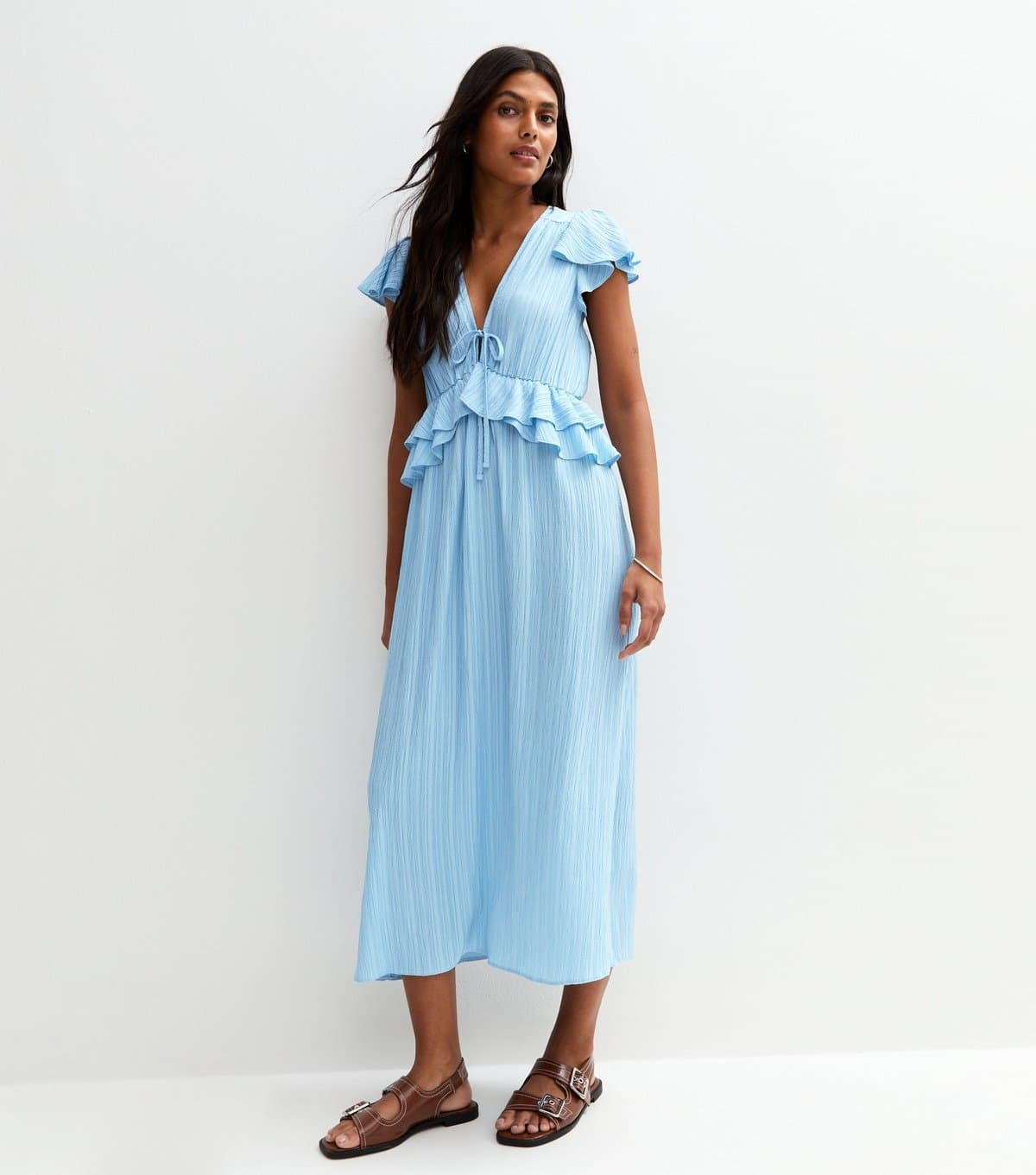 New Look Women's Blue Frilly Trimmed Chiffon Midi Dress New Look