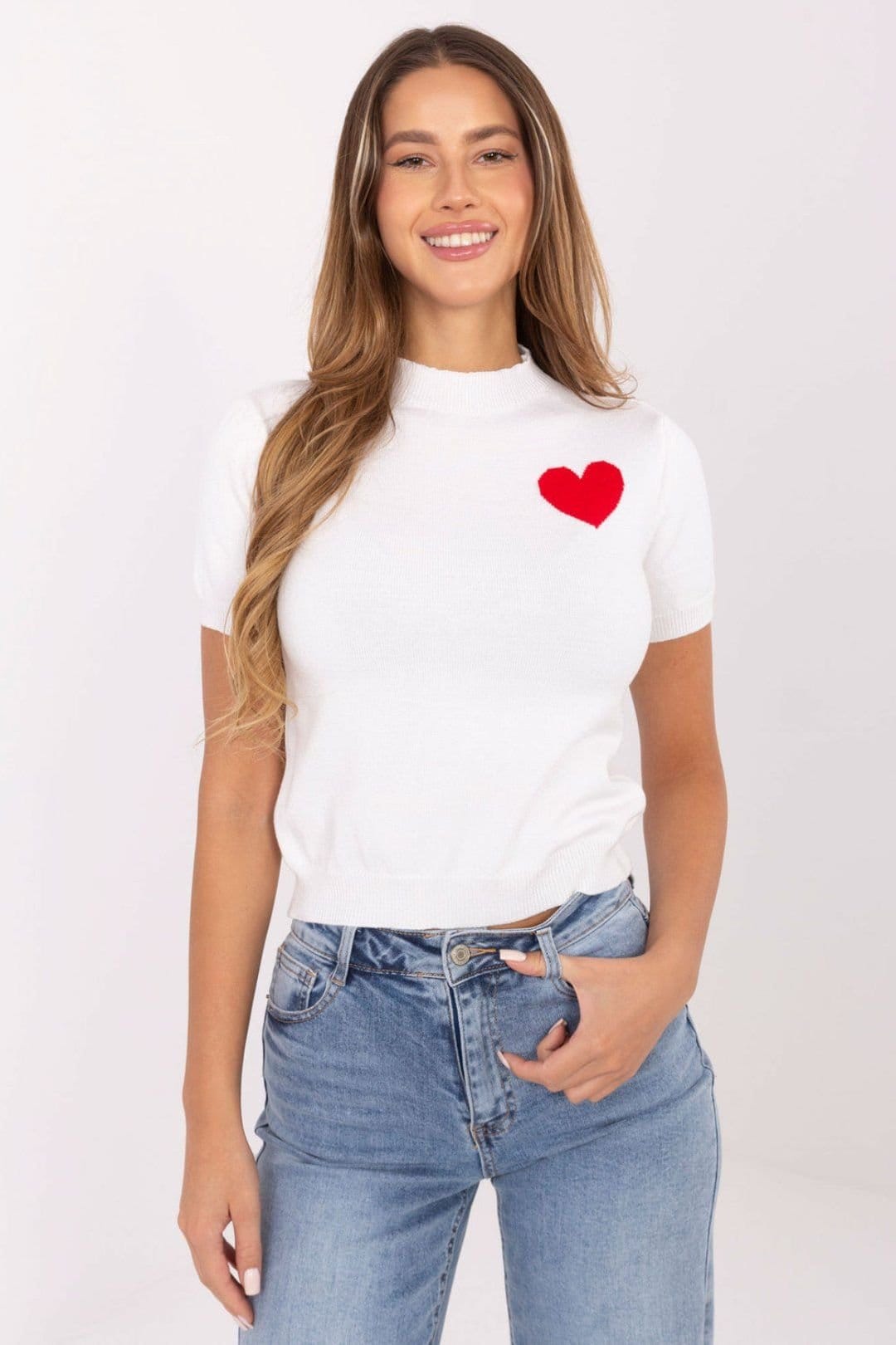 Love Lace White Heart Chest Print Short Sleeve Sweater