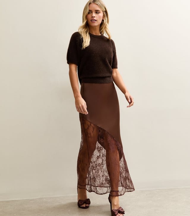 New Look Women's Petite Dark Brown Satin Lace Asymmetric Bias Midi Skirt New Look - 3