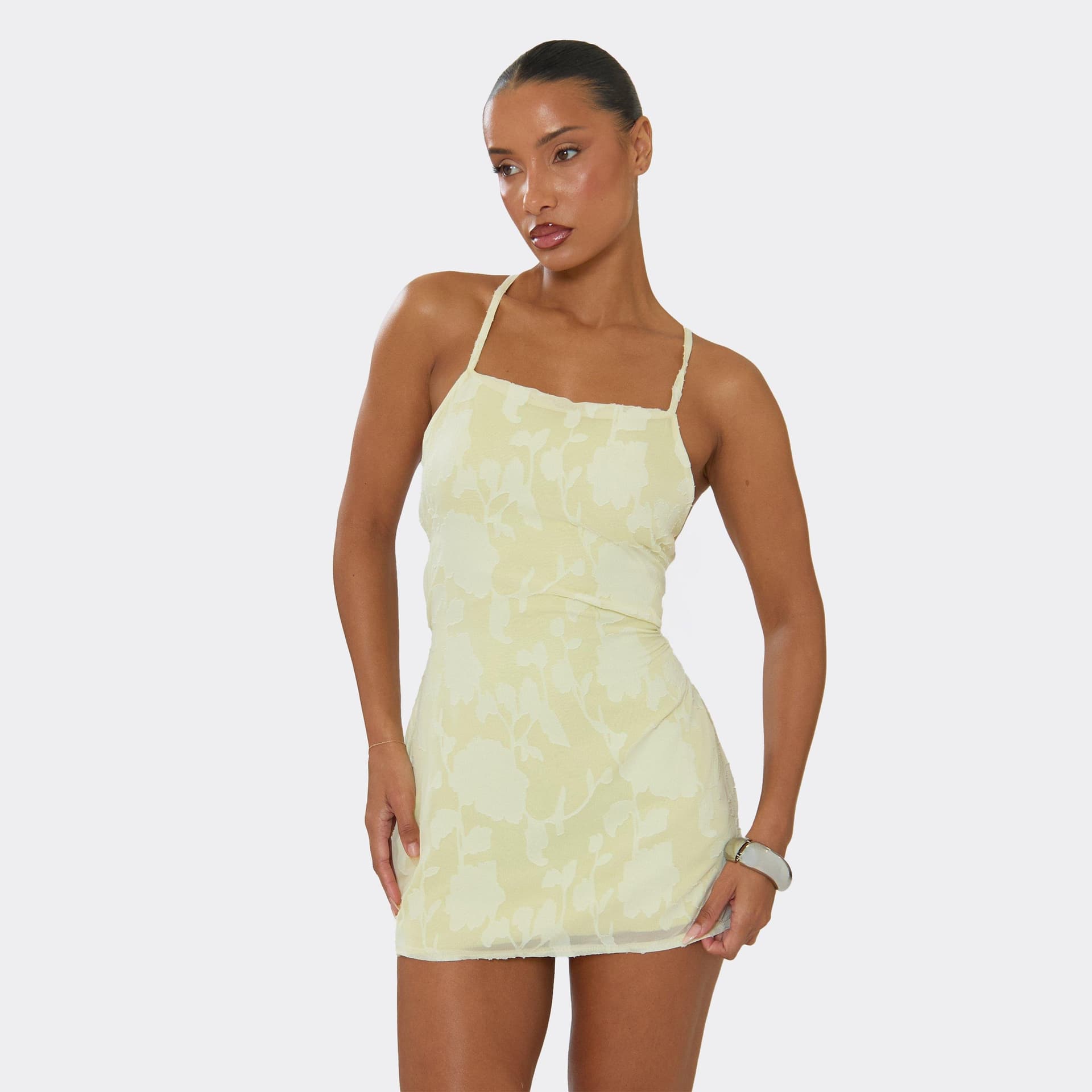 EGO Strappy Tie Back Detail Mini Dress In Lemon Floral Print Chiffon, Women's Size UK 6