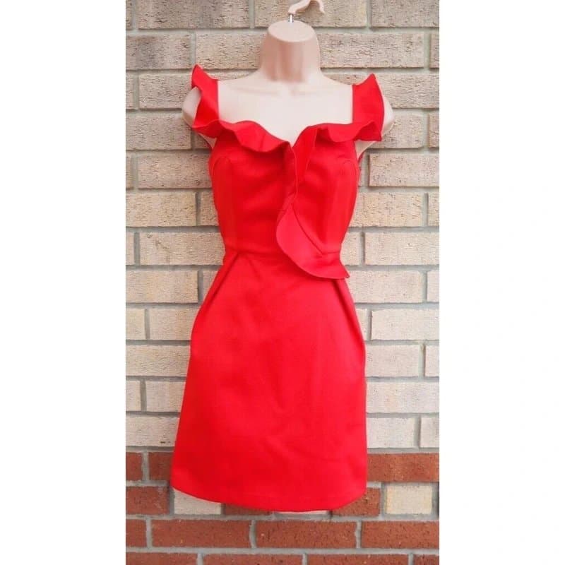 Topshop Topshop Red Ruffle Neck Thick Satin Corset a Line Cocktail Party Mini Dress 6 XS