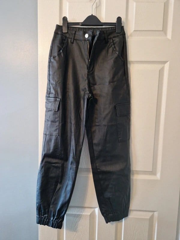 Jeans Faux Leather Black Cargo Pants