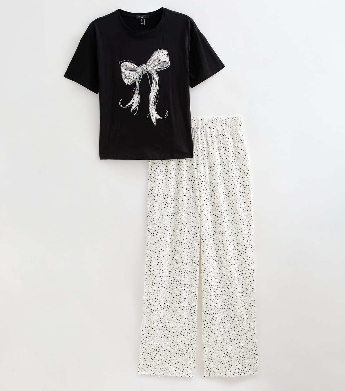 New Look Women's Tall Black Cotton Bow T-Shirt and Trousers Pyjama Set New Look