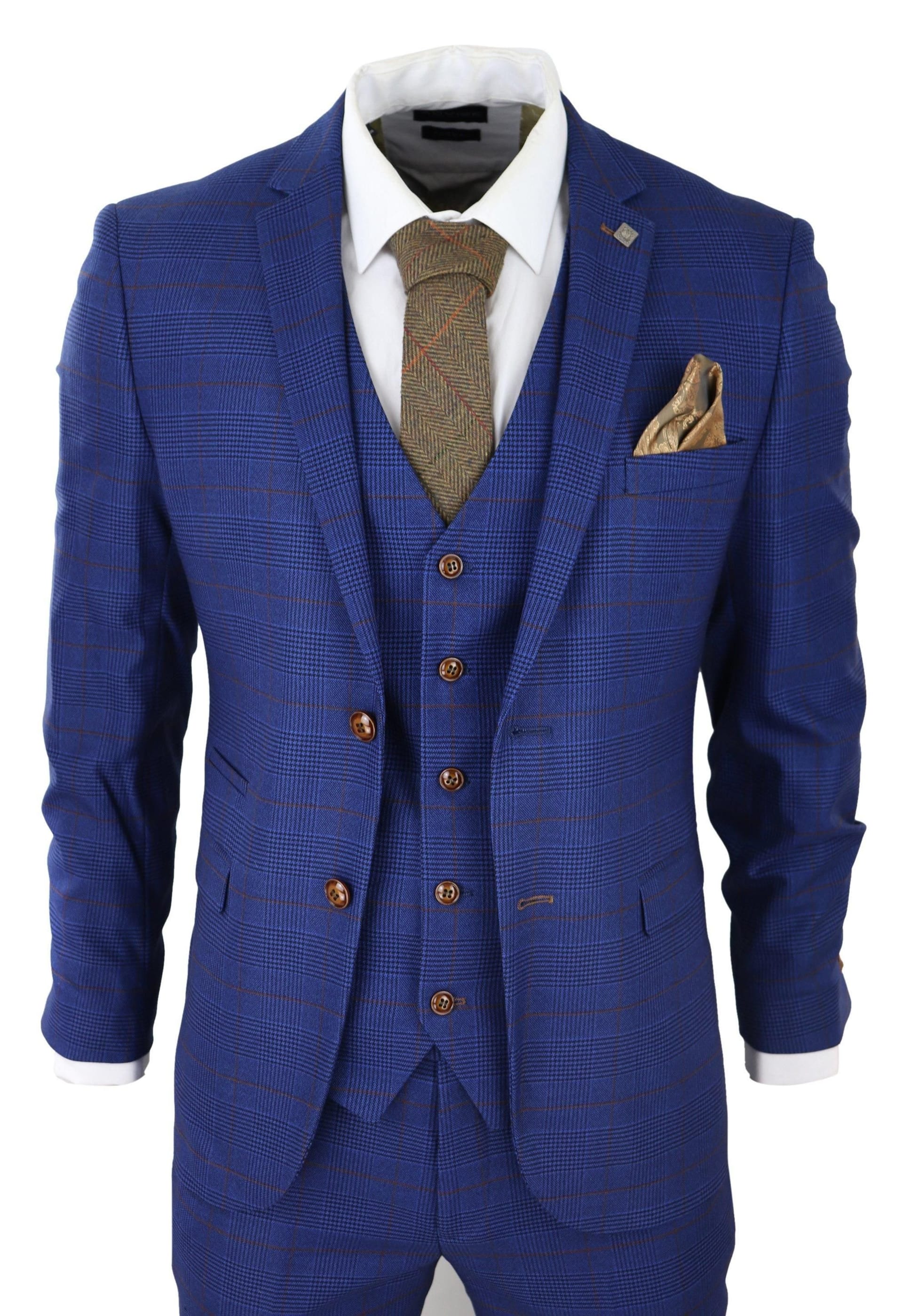 Paul Andrew Men's Blue Brown Check 3 Piece Suit