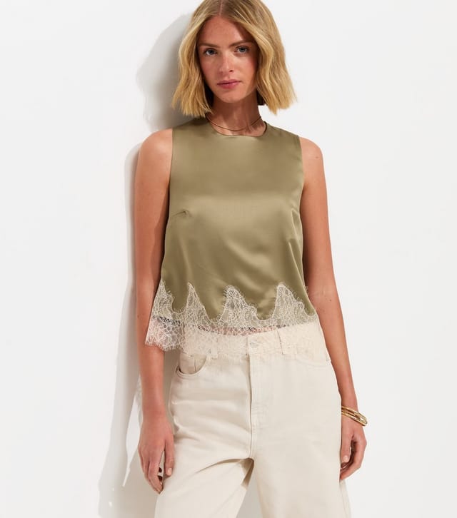 New Look Women's Light Khaki Satin Lace Hem Sleeveless Top New Look - 2