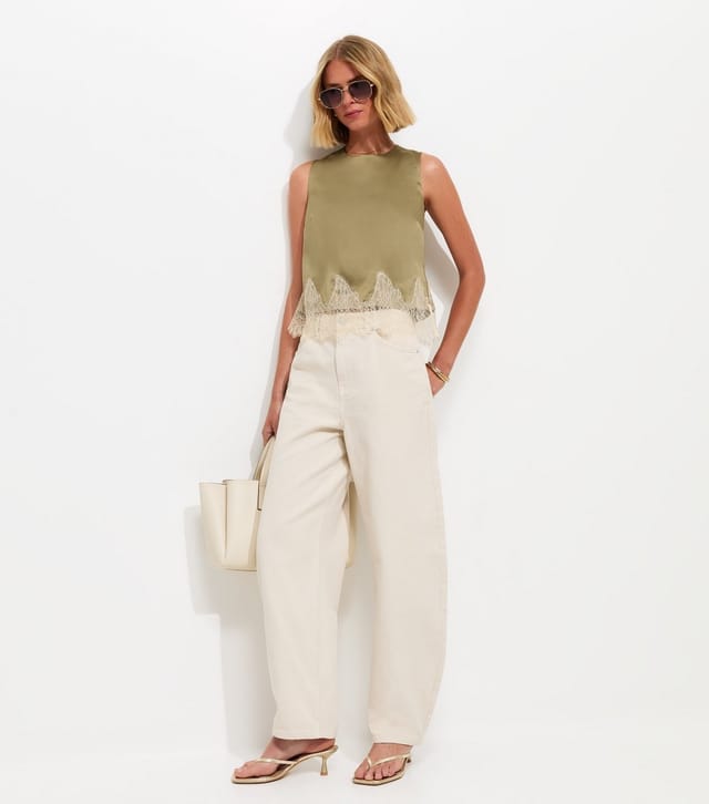 New Look Women's Light Khaki Satin Lace Hem Sleeveless Top New Look - 3