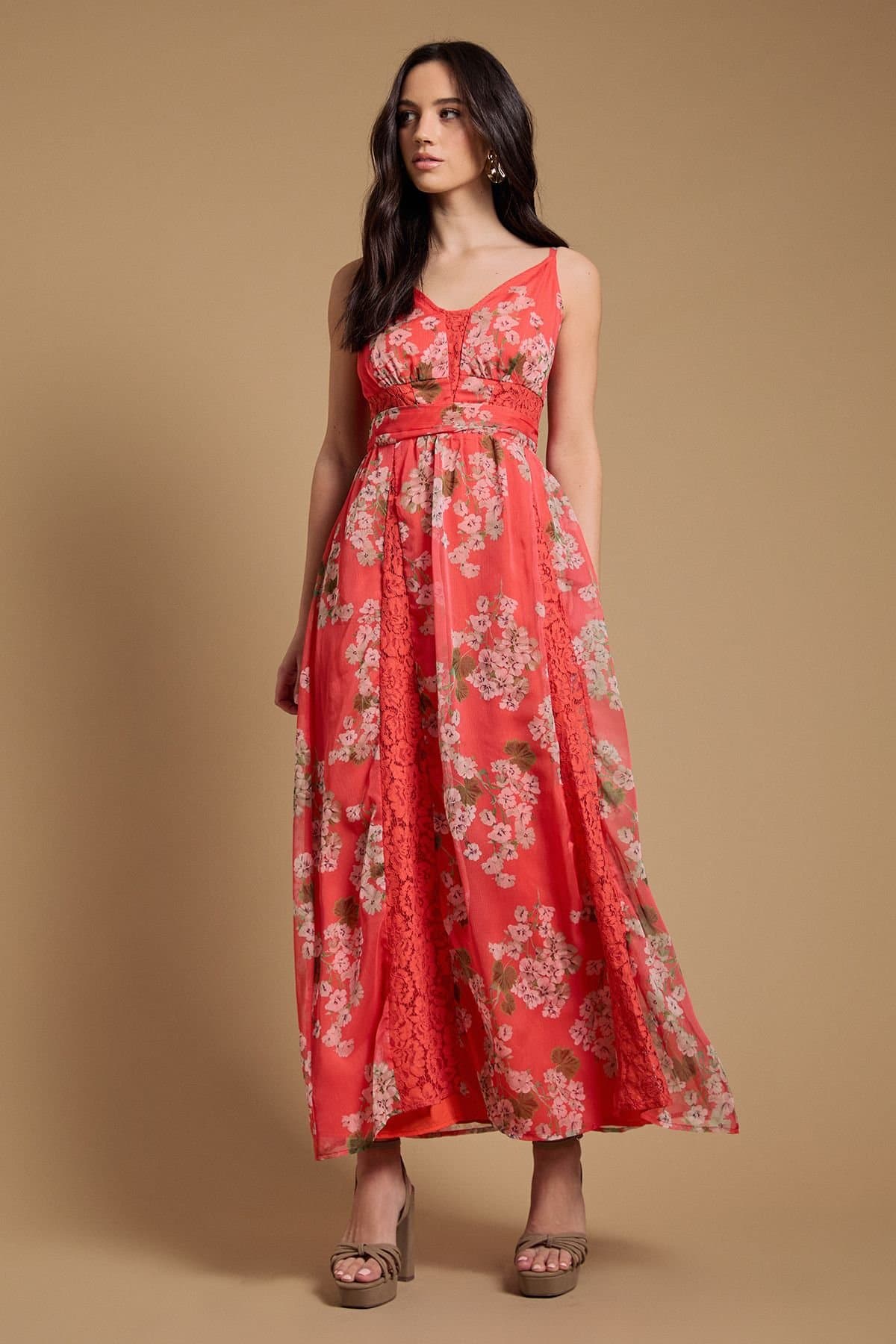Oasis Oasis Women's Lace Panelled Waist Pleated Maxi Dress in Orange