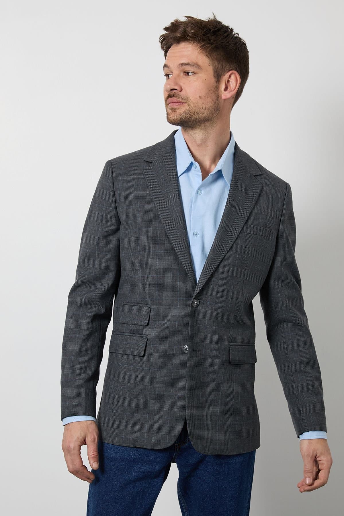Burton Burton Men's Grey Wool Rich Pow Check Tailored Fit Blazer