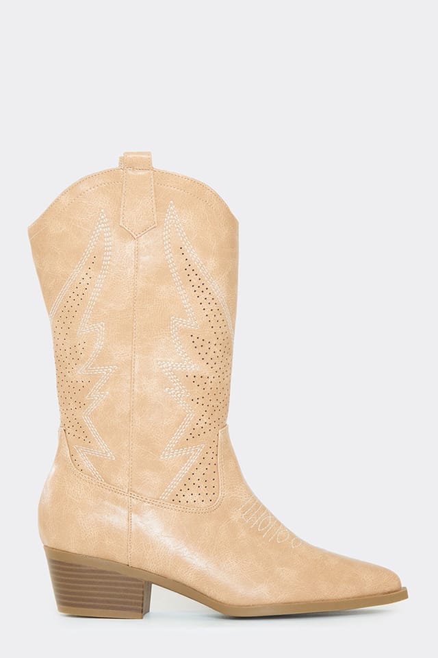 EGO EGO Women's Western Cowboy Embroidered Faux Leather Block Heel Ankle Boots in Light Beige - 3