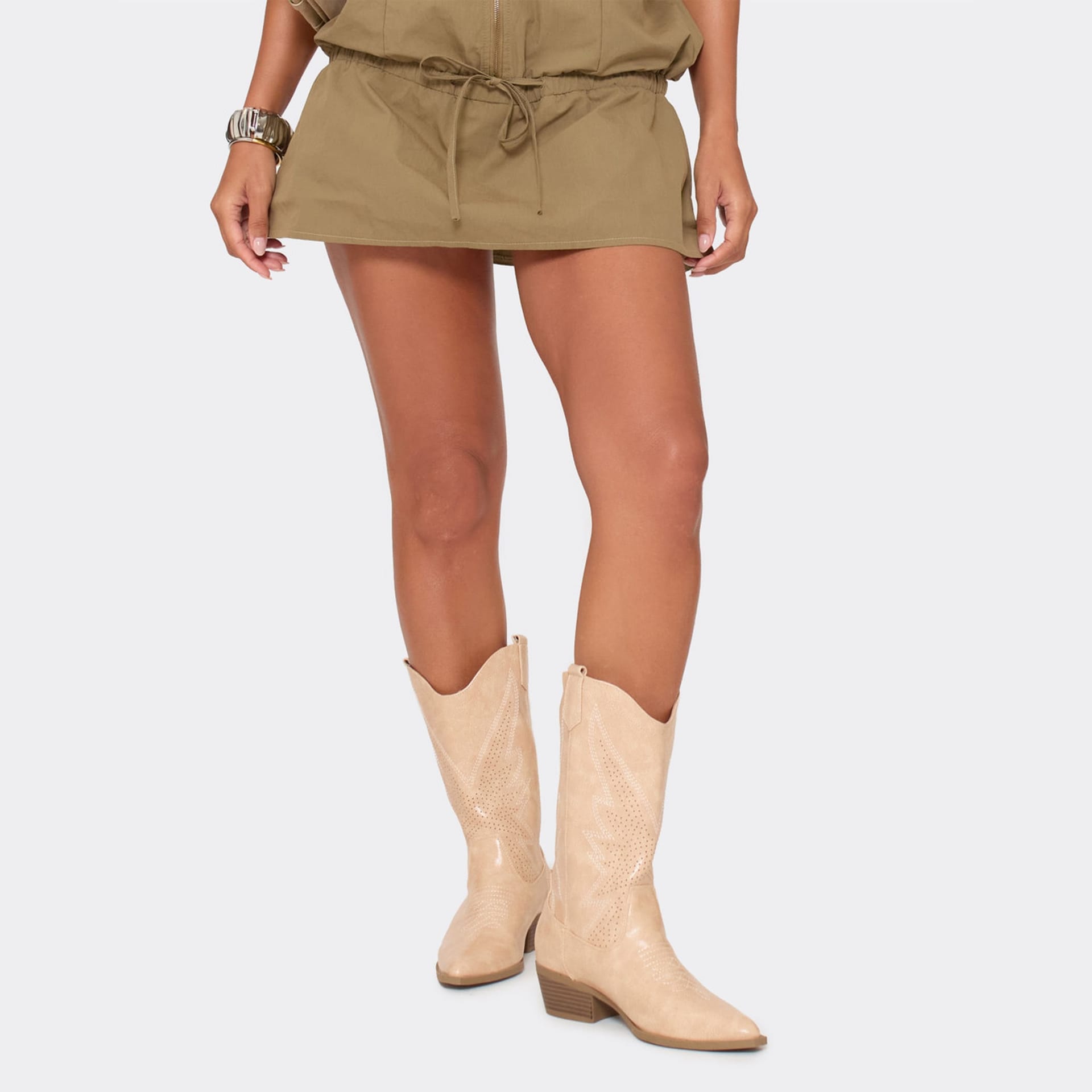 EGO EGO Women's Western Cowboy Embroidered Faux Leather Block Heel Ankle Boots in Light Beige - 4