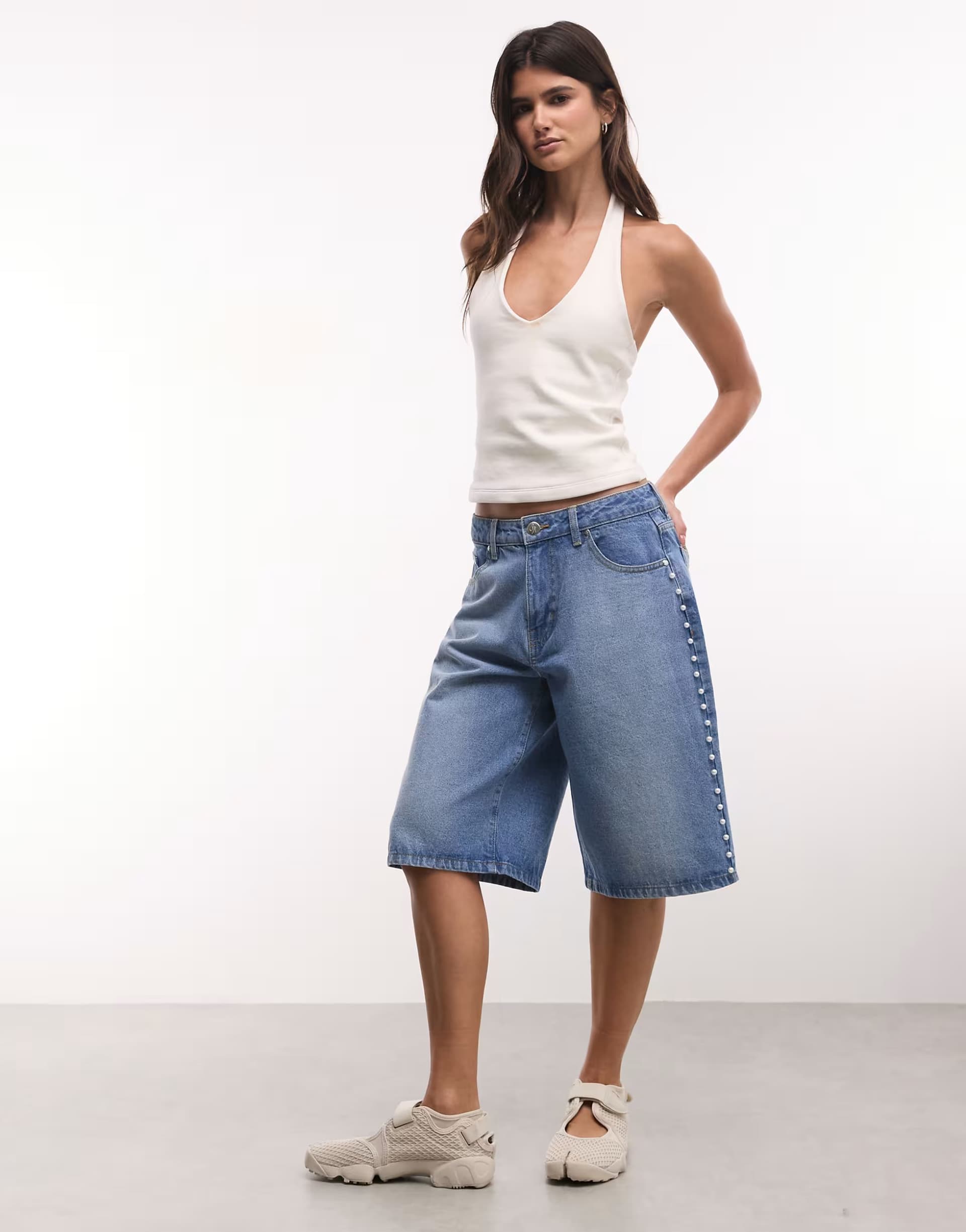 ASOS Liquor N Poker pearl studded denim jorts in blue wash