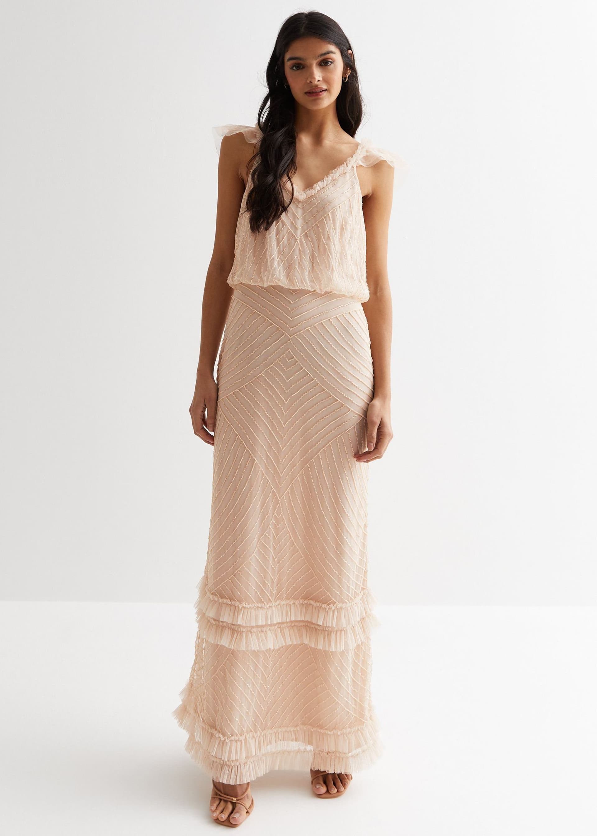 Gini London Gini London Women's Nude Beaded Ruffle Maxi Dress in Beige