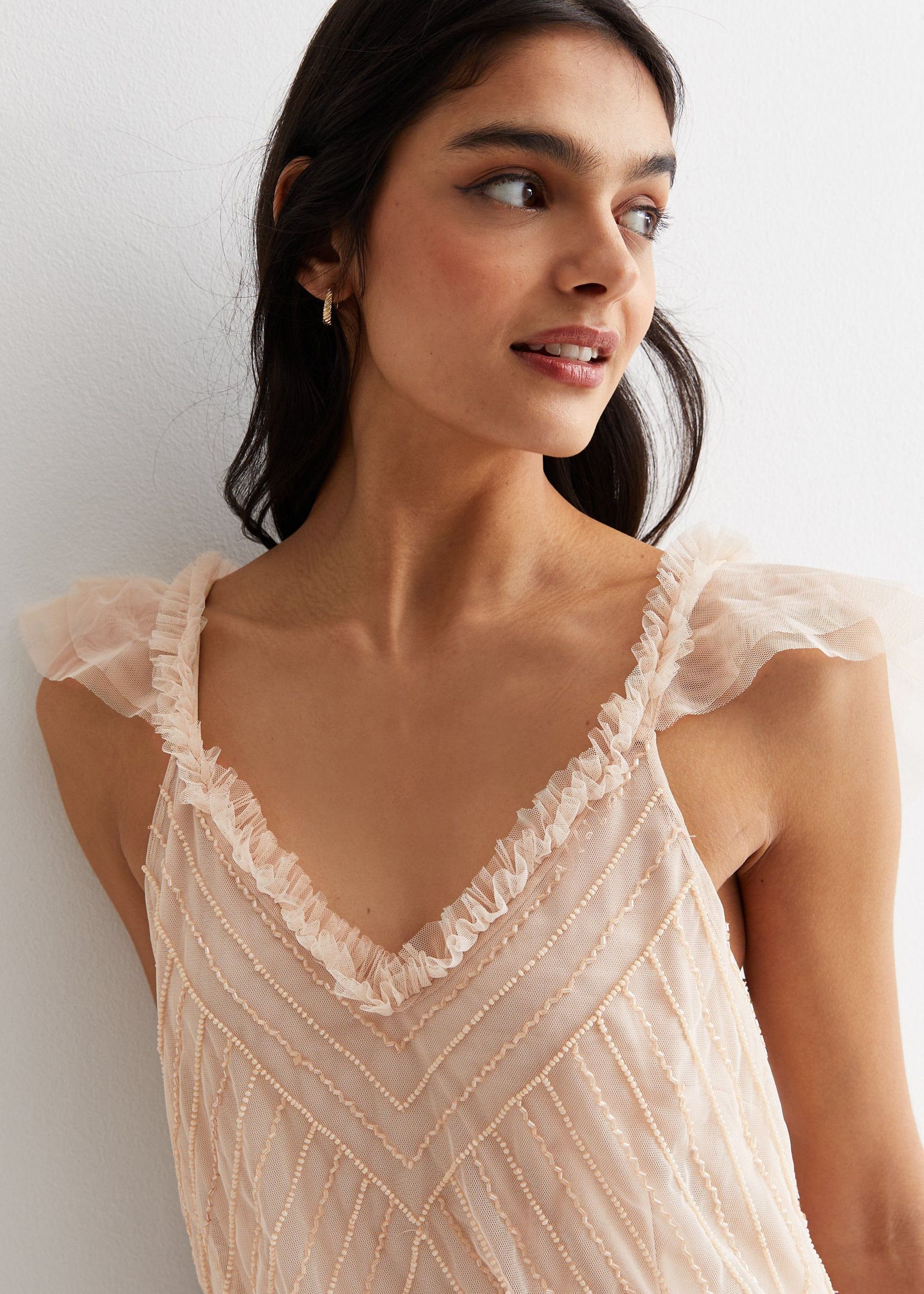 Gini London Gini London Women's Nude Beaded Ruffle Maxi Dress in Beige - 2