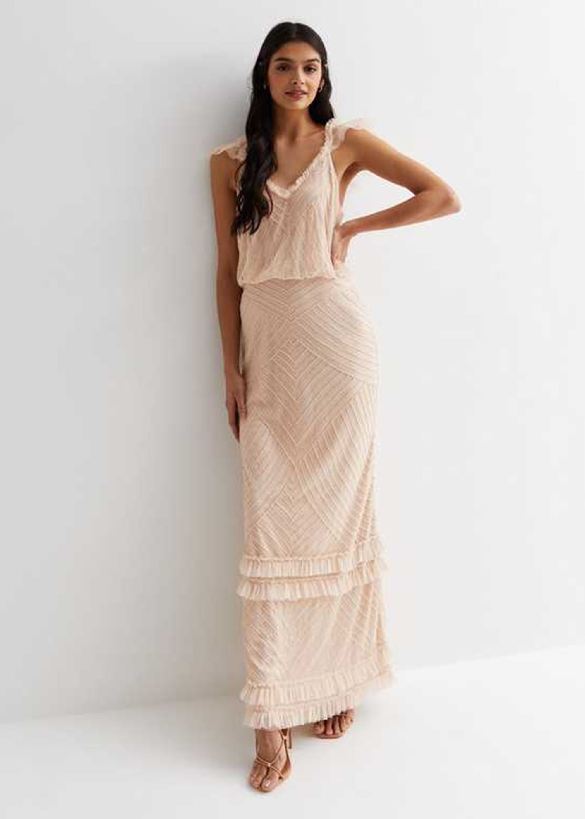 Gini London Gini London Women's Nude Beaded Ruffle Maxi Dress in Beige - 3