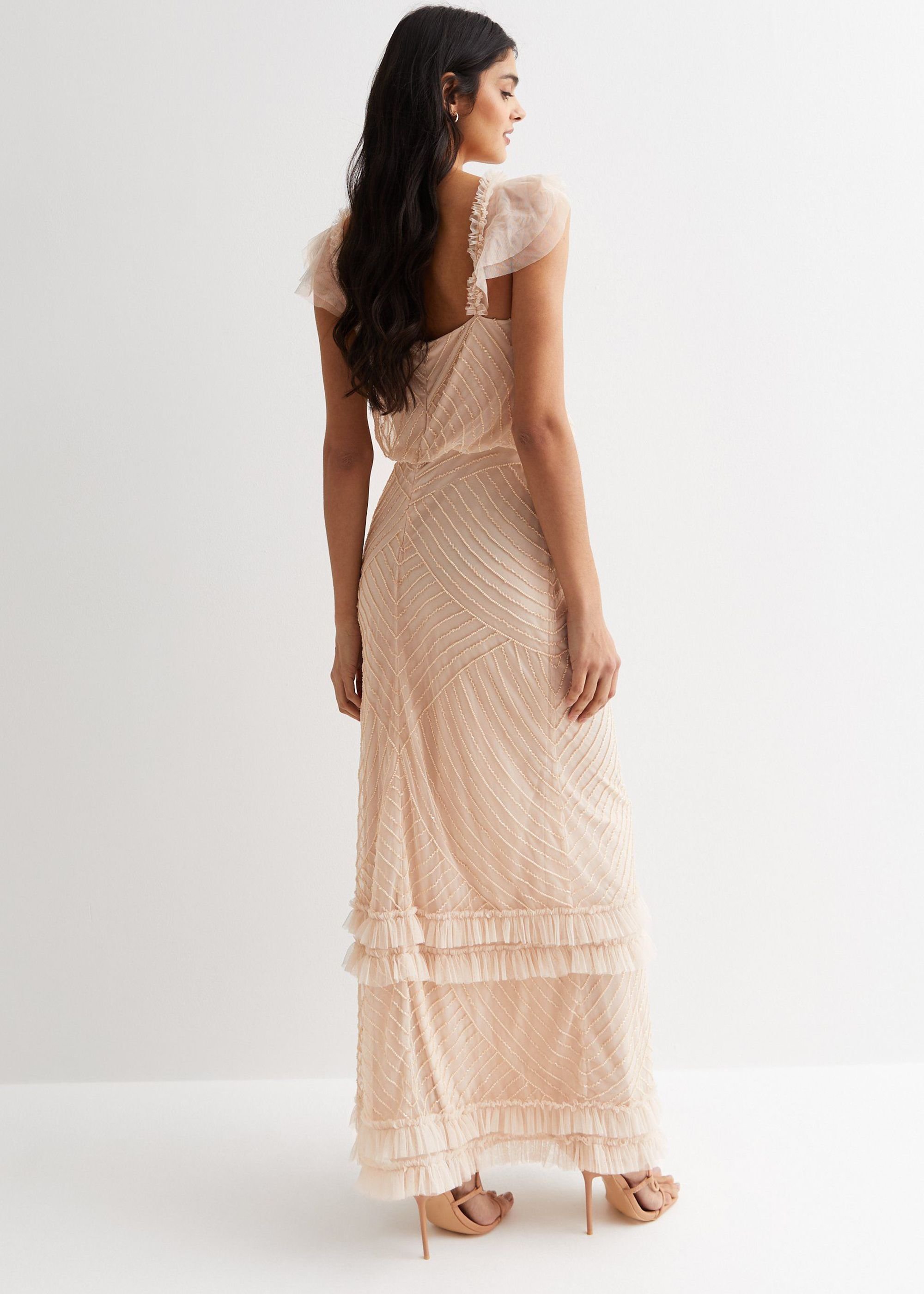 Gini London Gini London Women's Nude Beaded Ruffle Maxi Dress in Beige - 4