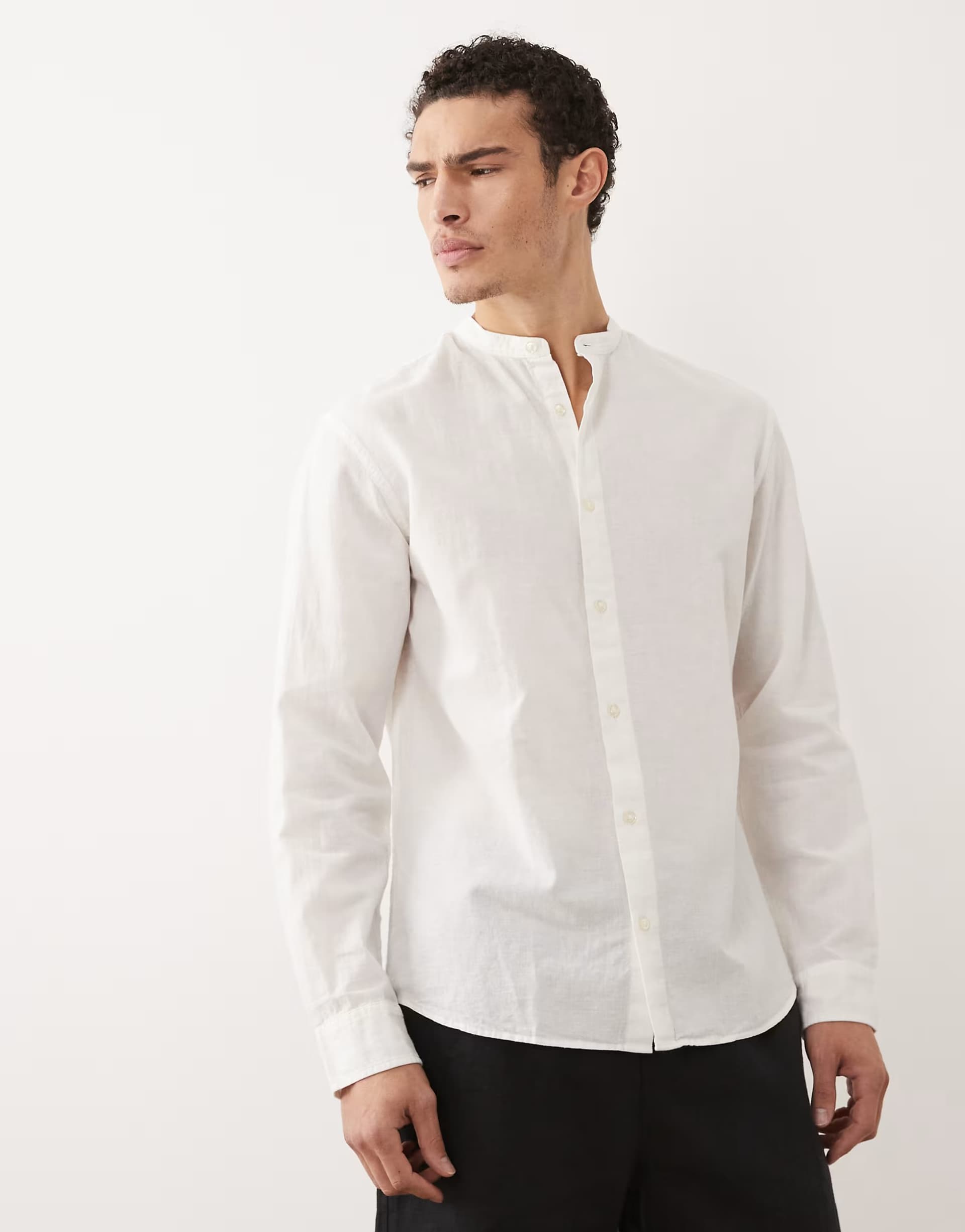 ASOS Jack & Jones linen blend shirt with grandad collar in white
