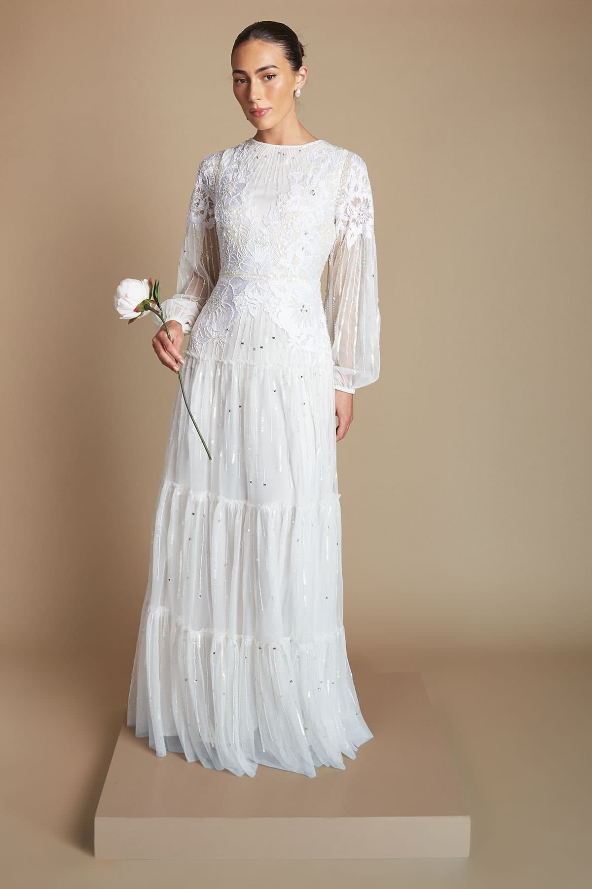 Coast Coast Women's Floral Placement Embellished Wedding Dress With Balloon Sleeve in Ivory