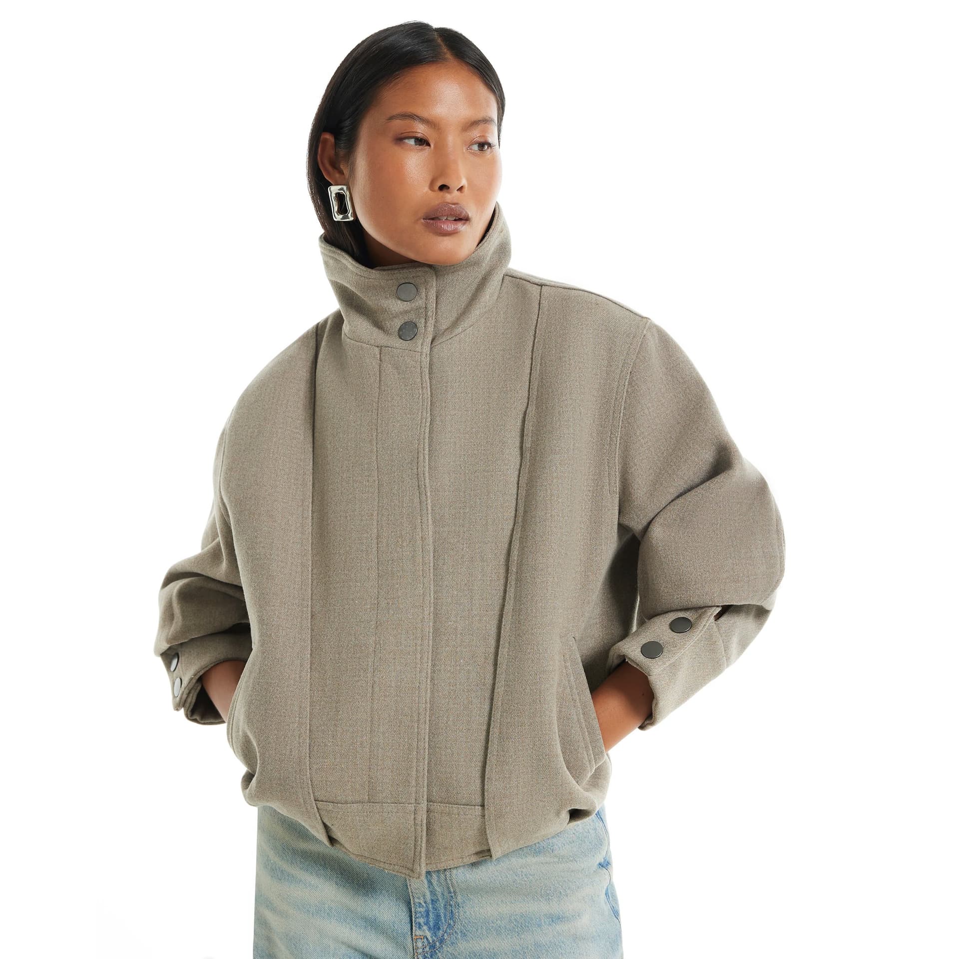 River Island River Island Womens Petite Brown Funnel Neck Bomber Jacket