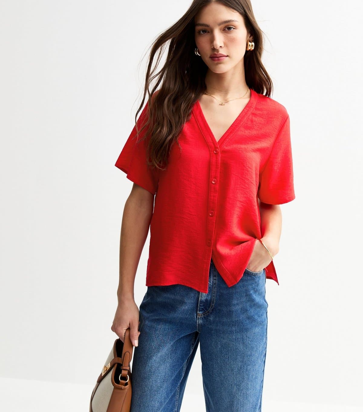 New Look New Look Red V-Neck Woven Button-Up Top