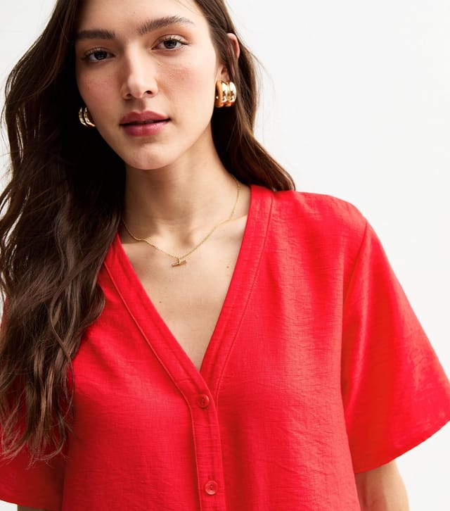 New Look Women's Red V-Neck Button Up Top New Look - 2