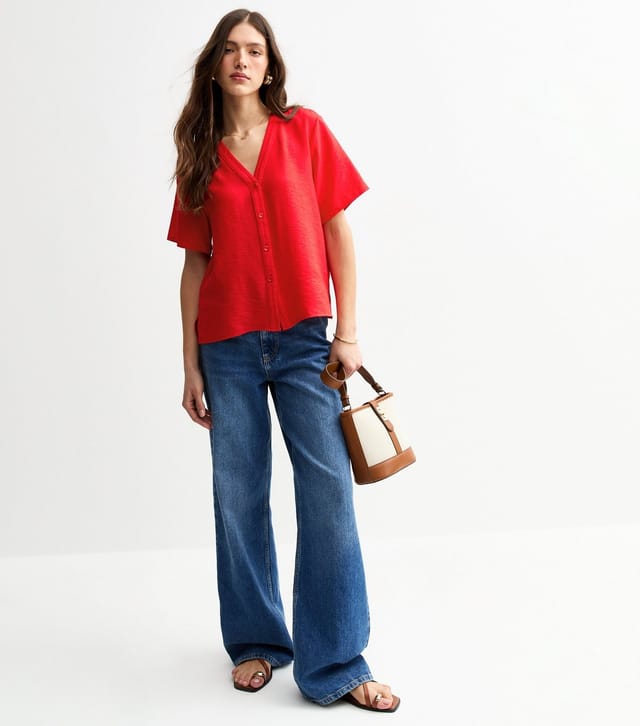 New Look Women's Red V-Neck Button Up Top New Look - 3