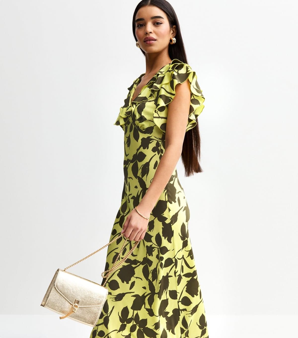 New Look Women's Green Satin Floral print Ruffle Trim Midi Dress New Look